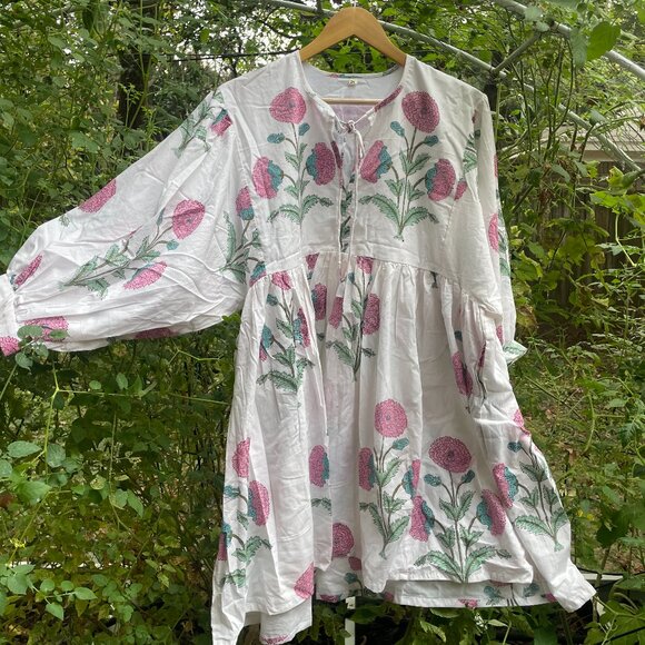 Daughters of India Style Pink & White Block Print Bohemian Cotton Dress XXL - Picture 1 of 7